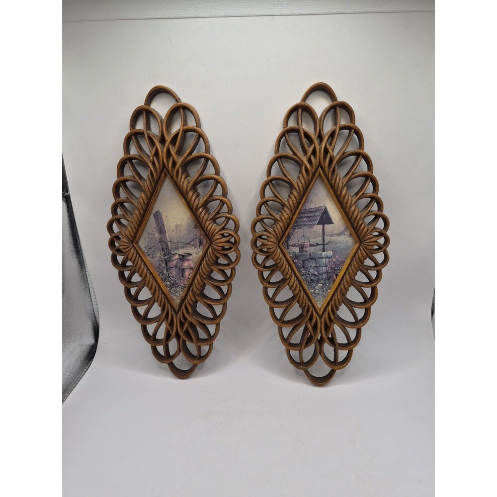 2 Vintage MCM Burwood Wall Hangings Faux Wood Farmhouse Decor Rattan Wicker Boho